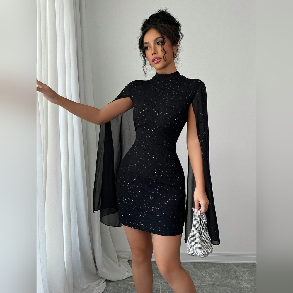 Women's Glitter Print Gorgeous Stand Collar Lantern Sleeve Bodycon Dress - Picture 7 of 7